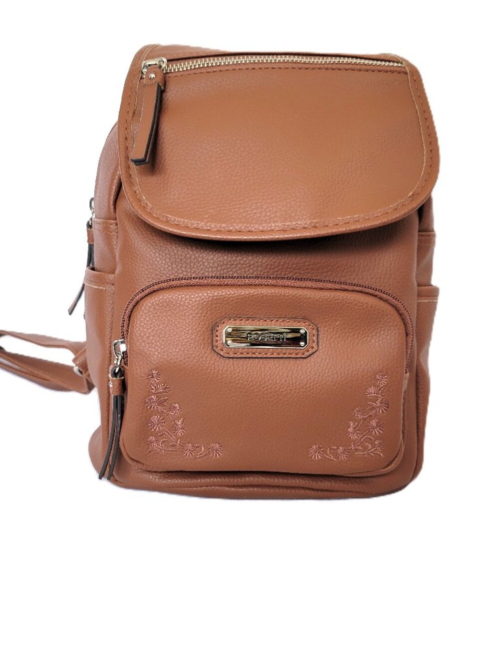 Rosetti Tinley Backpack Purse - Brown Faux Leather with Floral Embroidery